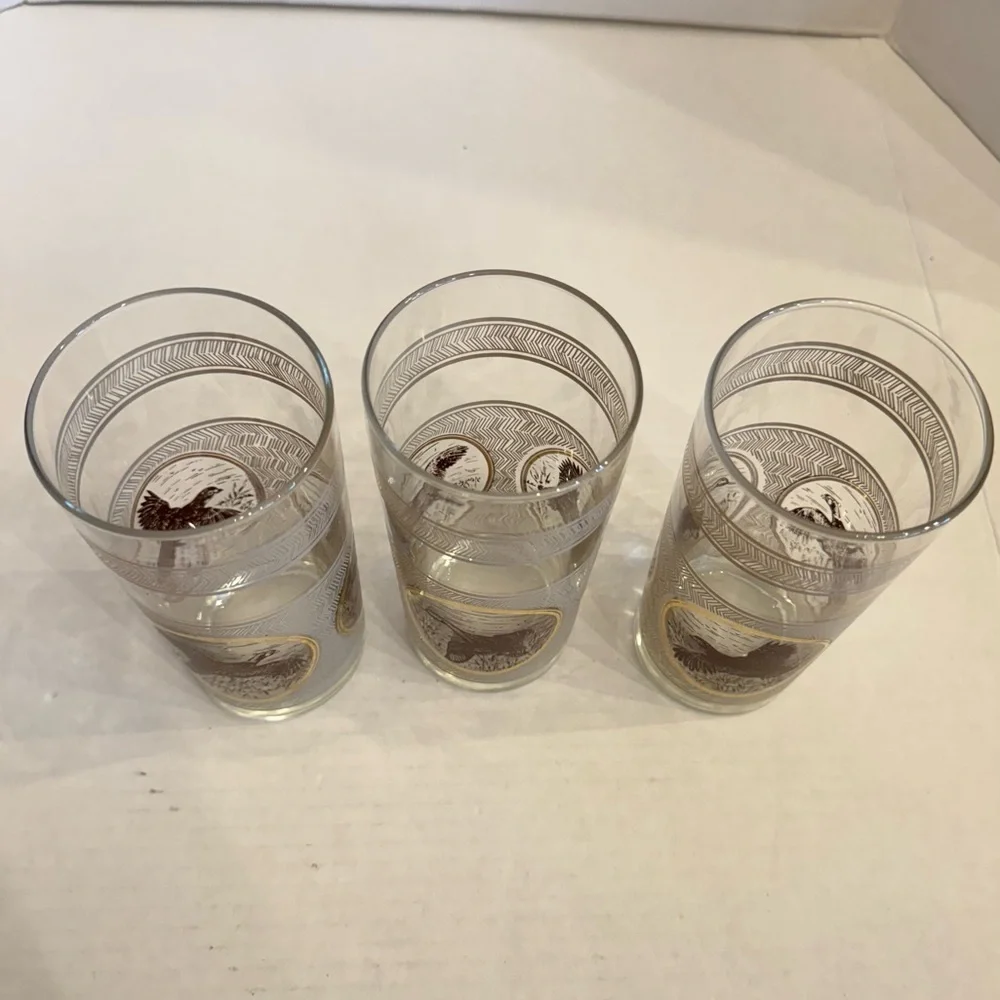 3 VTG 1970s MCM Libbey Highball Pheasant Glasses Game birds Brown Gold